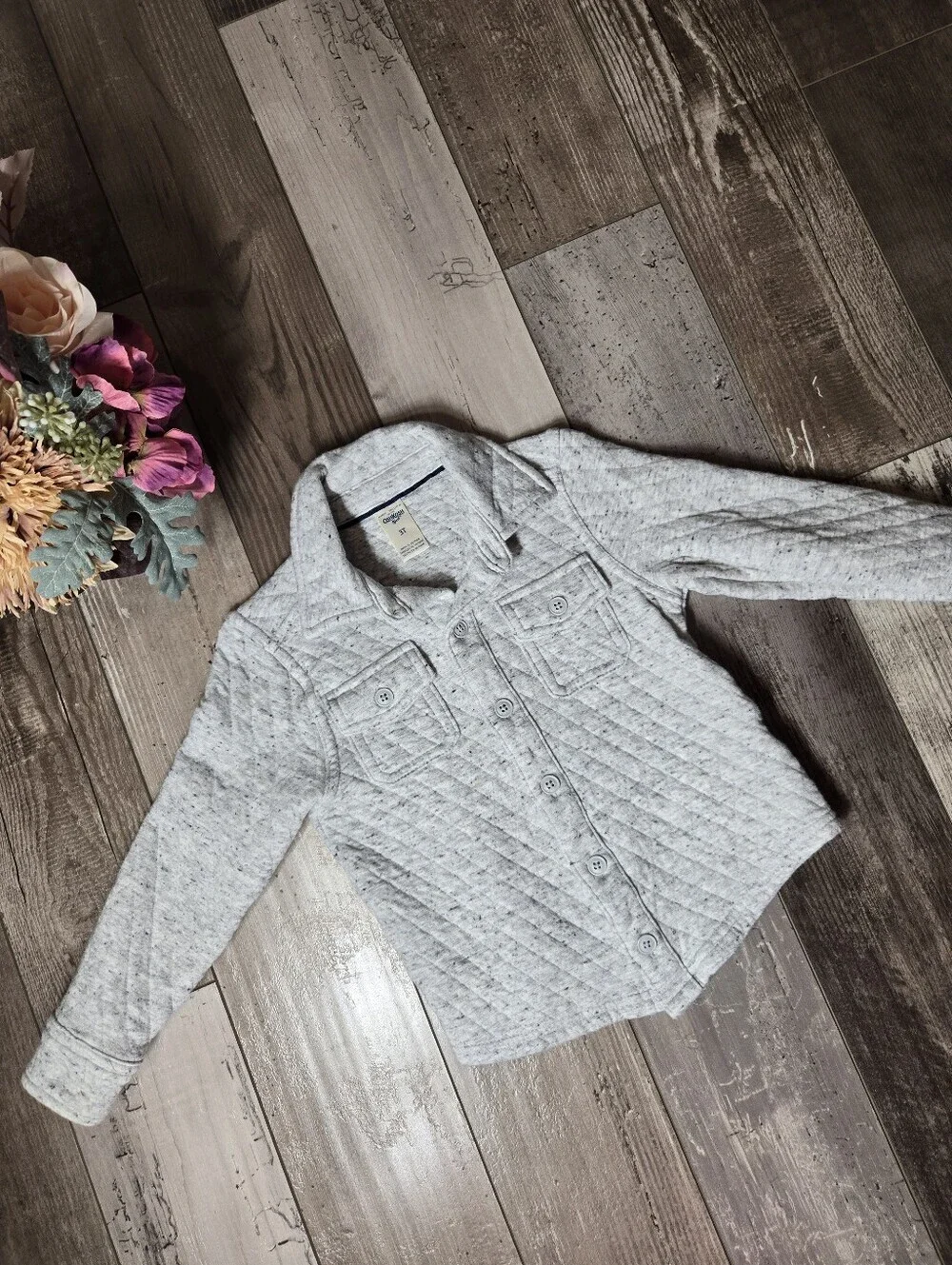 OshKosh B'gosh Boys Quilted Light Gray Button-Up Shacket Shirt Jacket Size 3T